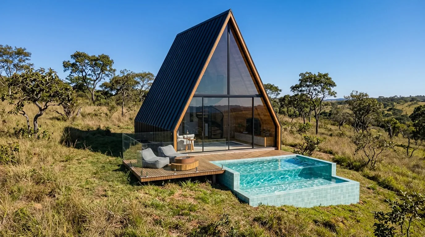 Projeto do chalé modular no terreno