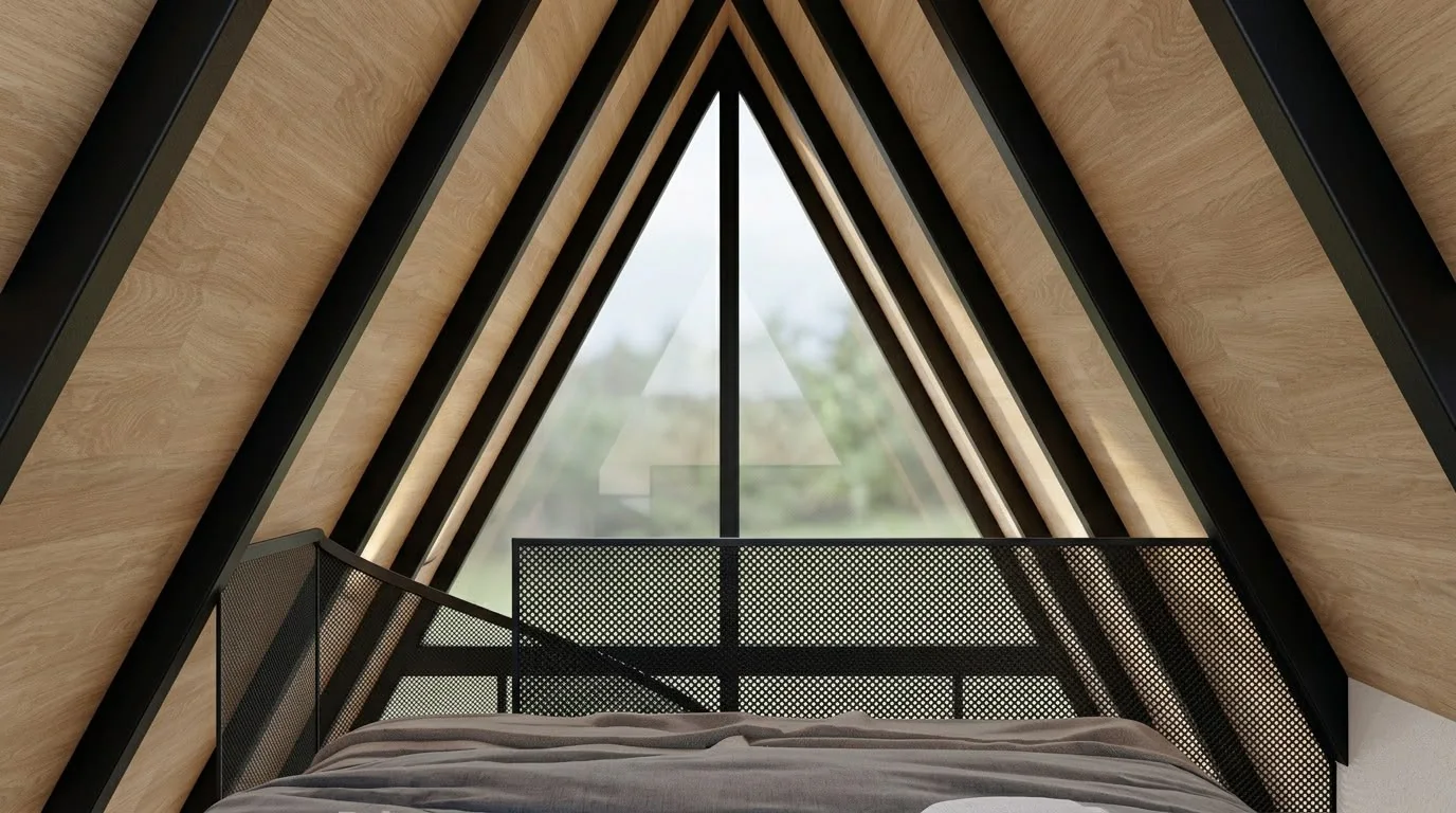 Interior de chalé modular Dois7, mezanino com fechamento em vidro e vista para a paisagem